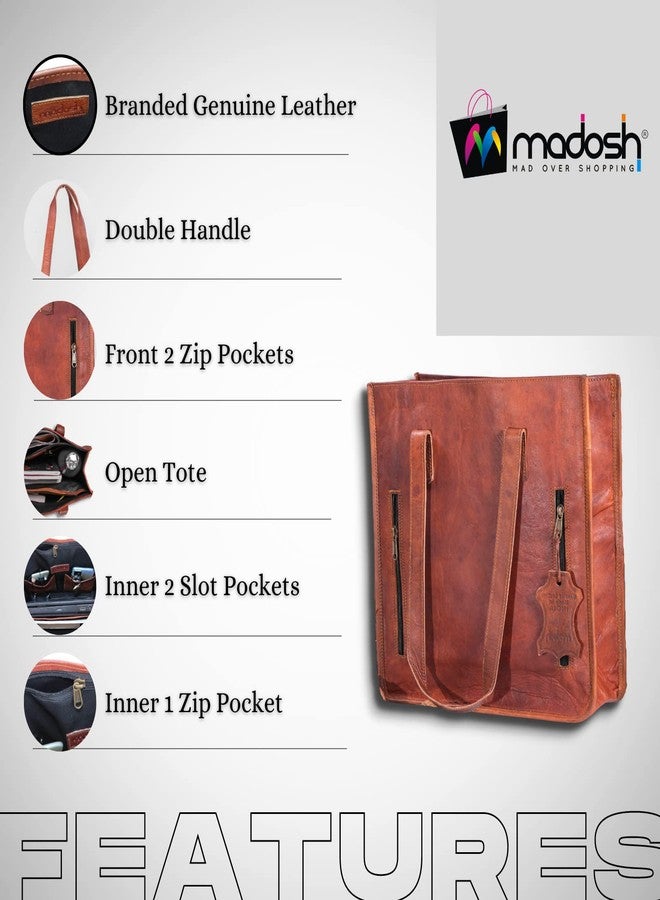 Madosh Genuine Leather Tote Bag for Women - Handmade Vintage Shoulder Bag with Double Handles, Large Capacity Office Bag, Brown Crossbody Purse with Zip Pockets - Image 5
